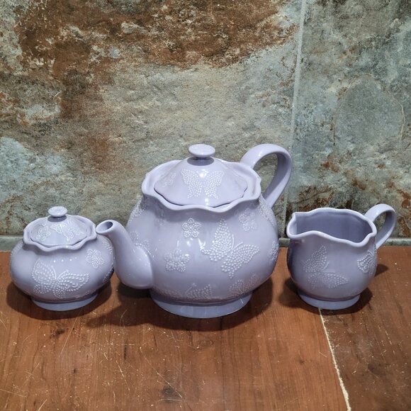 Temptations Lavendar Lilac Tea Set Teapot Sugar Bowl Creamer Embossed Butterfly - Picture 14 of 15